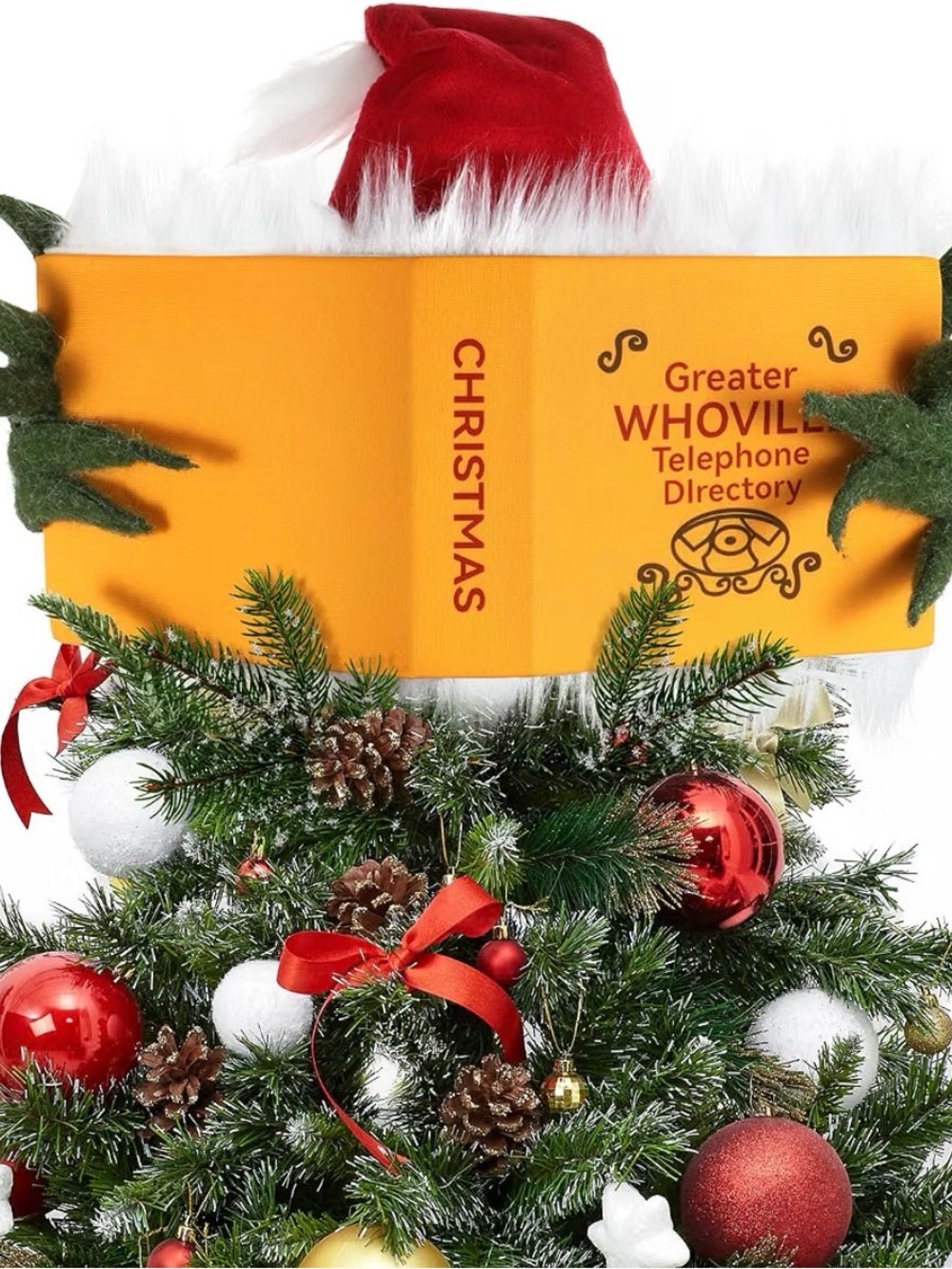 Greater Whoville Telephone Directory Tree Topper - Red & Yellow Holiday Accent